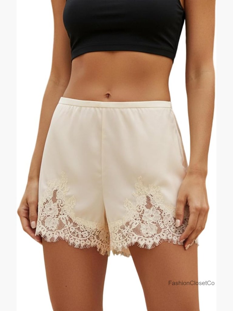 Satin Lace Trim Pajama Shorts Elastic Waist Sleep Shorts Silk Cheeky Undershorts